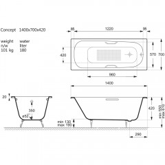 Ванна чугунная Vinsent Veron Concept VCO1407042H/VH0012MGD-AS 140x70 с ручками и антискользящим покрытием