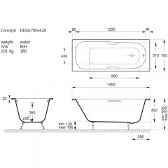 Ванна чугунная Vinsent Veron Concept VCO1407042H/VH0015MGD 140x70 с ручками