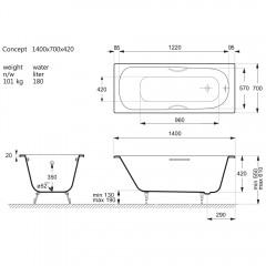 Ванна чугунная Vinsent Veron Concept VCO1407042H/VH0015GM 140x70 с ручками