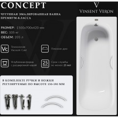 Ванна чугунная Vinsent Veron Concept VCO1507042H/VH0015NI 150x70 с ручками