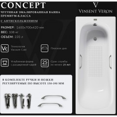 Ванна чугунная Vinsent Veron Concept VCO1607042H/VH0012GM-AS 160x70 с ручками и антискользящим покрытием