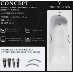 Ванна чугунная Vinsent Veron Concept VCO1607042H/VH0015GM-AS 160x70 с ручками и антискользящим покрытием