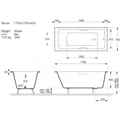 Ванна чугунная Vinsent Veron Devon VDV1757045H/VH0012GM 175x70 с ручками