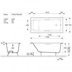 Ванна чугунная Vinsent Veron Italon VIT1707045H/VH0012NI 170x70 с ручками