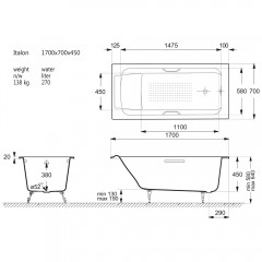Ванна чугунная Vinsent Veron Italon VIT1707045H/VH0012MGD-AS 170x70 с ручками и антискользящим покрытием