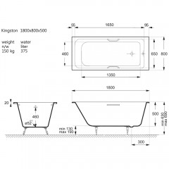 Ванна чугунная Vinsent Veron Kingston VKN1808050H/VH0012GM 180x80 с ручками