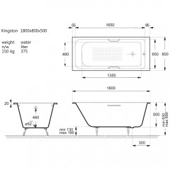 Ванна чугунная Vinsent Veron Kingston VKN1808050H/VH0012NI-AS 180x80 с ручками и антискользящим покрытием