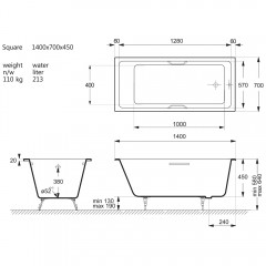 Ванна чугунная Vinsent Veron Square VSQ1407045H/VH0012NI 140x70 с ручками