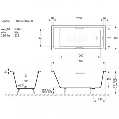 Ванна чугунная Vinsent Veron Square VSQ1407045H/VH0012GM-AS 140x70 с ручками и антискользящим покрытием