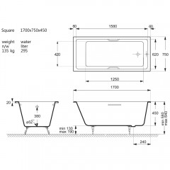 Ванна чугунная Vinsent Veron Square VSQ1707545H/VH0012NI 170x75 с ручками