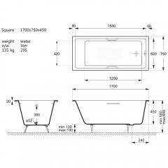Ванна чугунная Vinsent Veron Square VSQ1707545H/VH0012GM-AS 170x75 с ручками и антискользящим покрытием