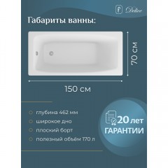 Ванна чугунная Delice France Repos 150x70 с ручками DLR220507R