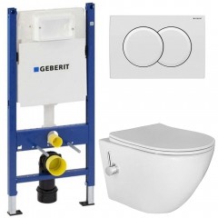 Инсталляция Geberit 111.154.11.1 + кнопка смыва Delta01 115.107.11.1 + унитаз Esbano Teruel-WBN безободковый с биде и смесителем