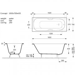 Ванна чугунная Vinsent Veron Concept VCO1657042H/VH0015BL 165x70 с ручками