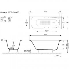 Ванна чугунная Vinsent Veron Concept VCO1657042H/VH0012GD-AS 165x70 с ручками и антискользящим покрытием