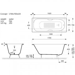 Ванна чугунная Vinsent Veron Concept VCO1707042H/VH0015GD-AS 170x70 с ручками и антискользящим покрытием
