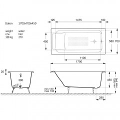 Ванна чугунная Vinsent Veron Italon VIT1707045-AS 170x70 с антискользящим покрытием