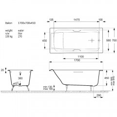 Ванна чугунная Vinsent Veron Italon VIT1707045H/VH0012GD 170x70 с ручками