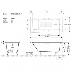 Ванна чугунная Vinsent Veron Italon VIT1707045H/VH0012GD-AS 170x70 с ручками и антискользящим покрытием