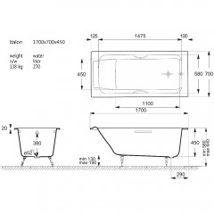 Ванна чугунная Vinsent Veron Italon VIT1707045H/E60327CH 170x70 с ручками