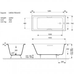 Ванна чугунная Vinsent Veron Square VSQ1407045H/VH0012BR 140x70 с ручками