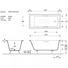 Ванна чугунная Vinsent Veron Square VSQ1407045H/VH0012BR-AS 140x70 с ручками и антискользящим покрытием