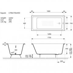 Ванна чугунная Vinsent Veron Square VSQ1707545-AS 170x75 с антискользящим покрытием