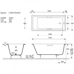 Ванна чугунная Vinsent Veron Square VSQ1707545H/VH0012BR 170x75 с ручками