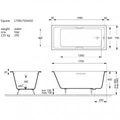 Ванна чугунная Vinsent Veron Square VSQ1707545H/E60327CH 170x75 с ручками