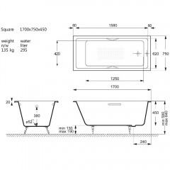 Ванна чугунная Vinsent Veron Square VSQ1707545H/E60327CH-AS 170x75 с ручками и антискользящим покрытием